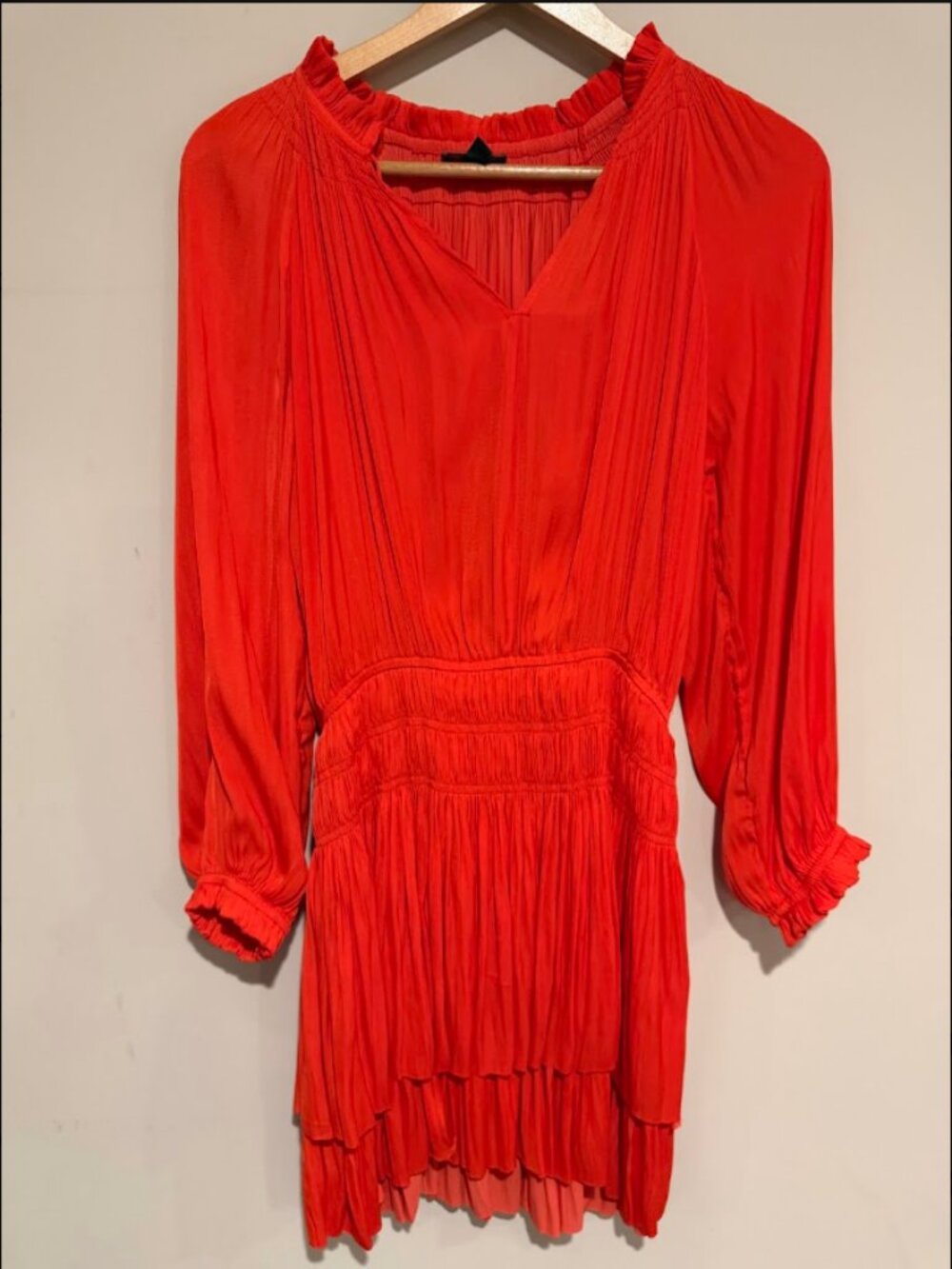 Current Air Red V-Neck Long Sleeve Pleated Dress